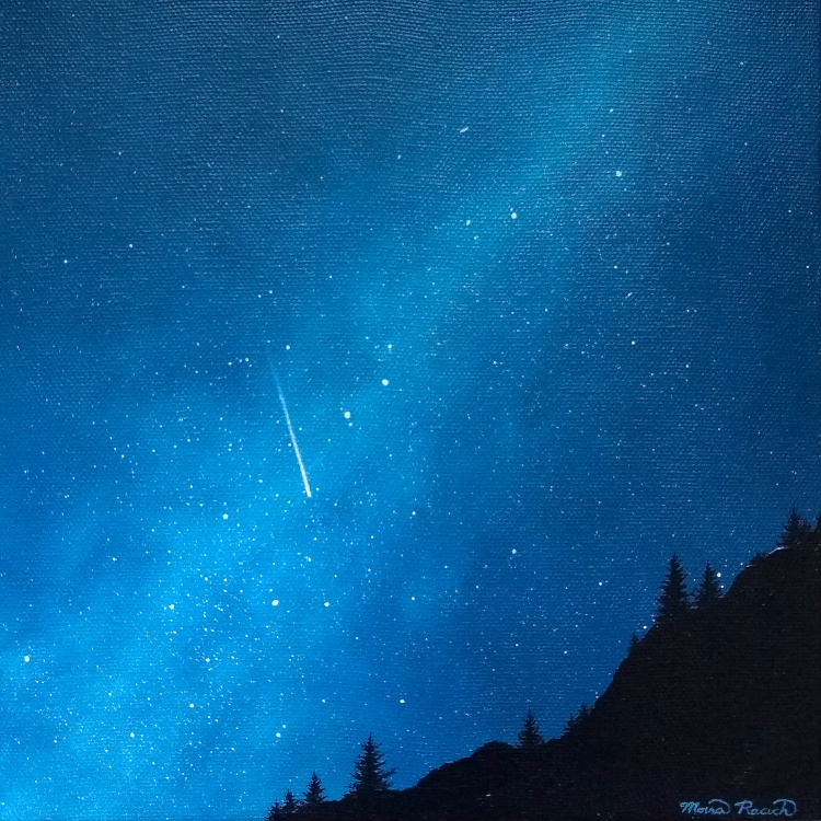 Painting of a falling star over a hill