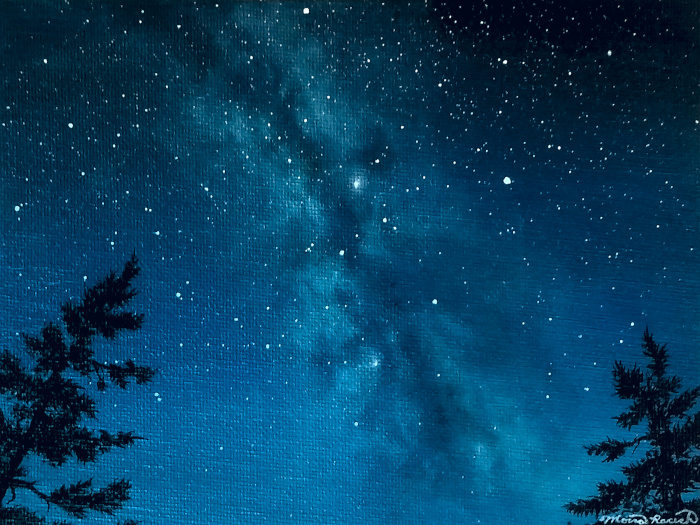 Painting of the Milky Way between two trees
