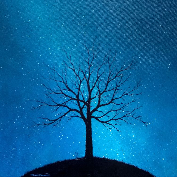 Painting of a leafless tree at night