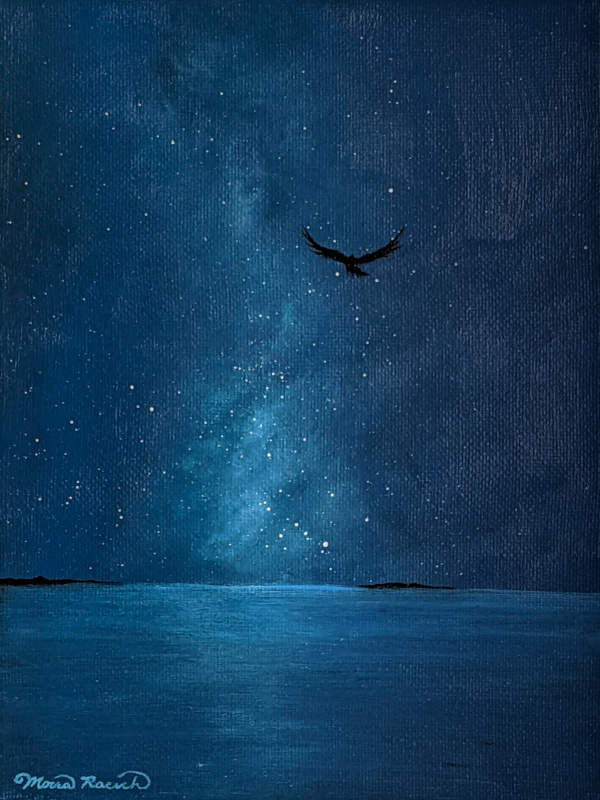 Painting of a bird in the night sky over water