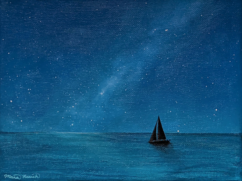 Painting of a sailboat on the horizon at night
