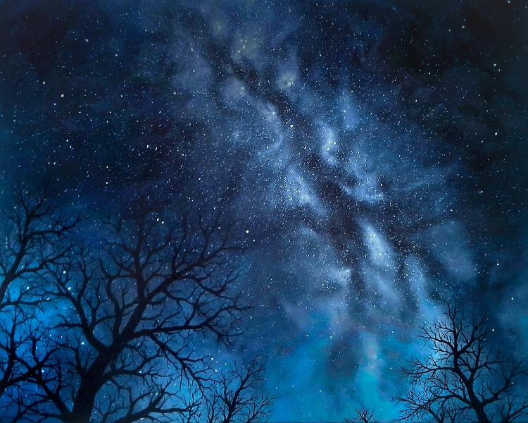 Painting of the Milky Way galaxy with tree silhouettes in the foreground